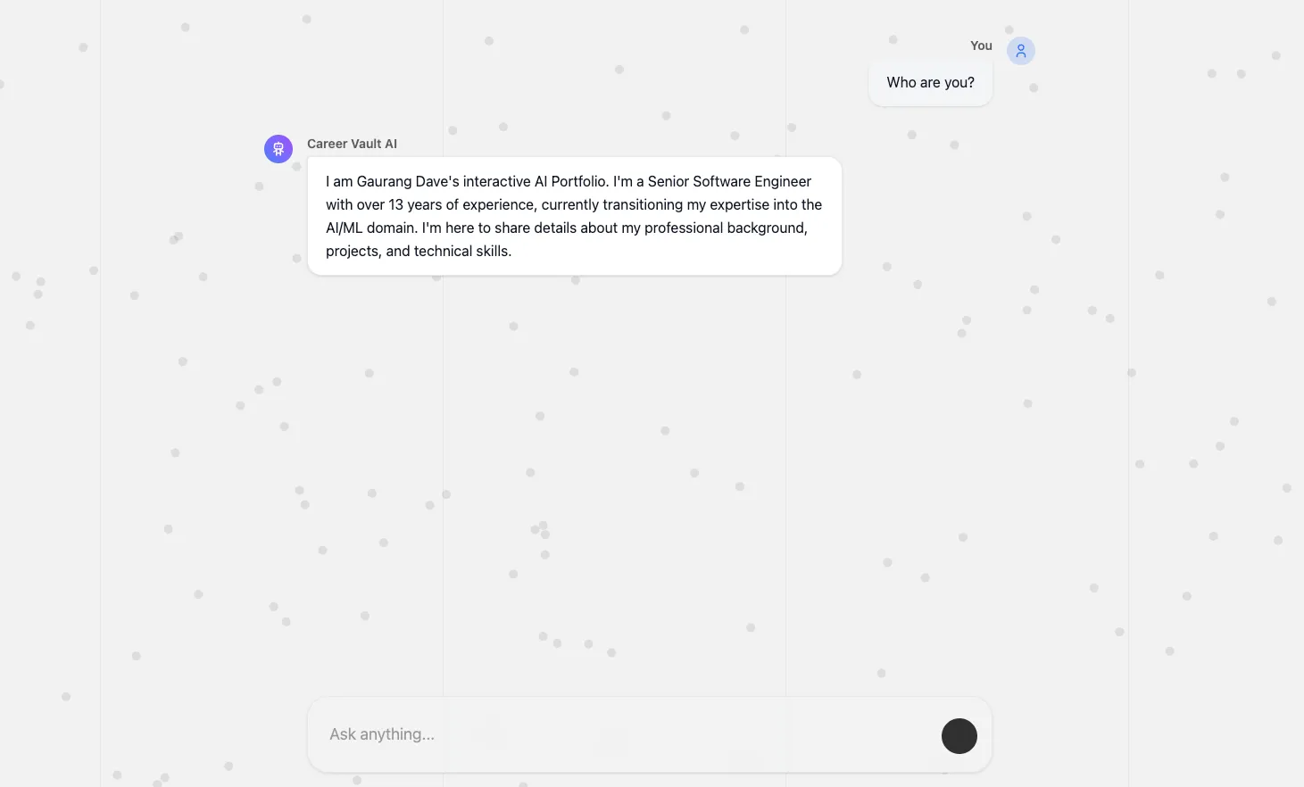 Chat UI - First Question: Engaging the user with suggested query chips to reduce cognitive load.
