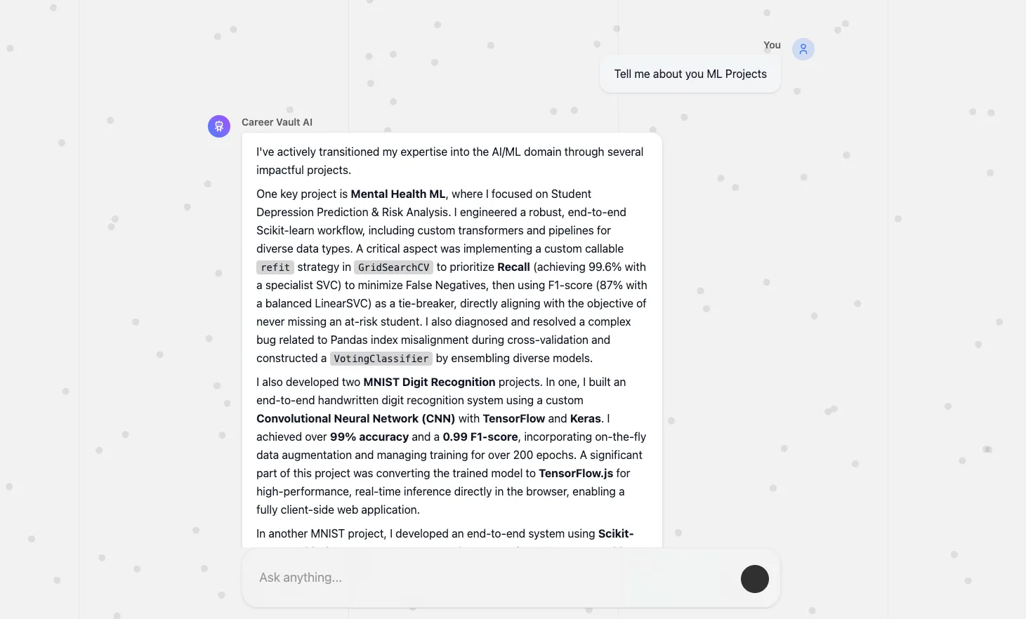 Chat UI - Second Question: Maintaining deep conversational context across multiple turns using LlamaIndex's CondensePlusContextChatEngine.